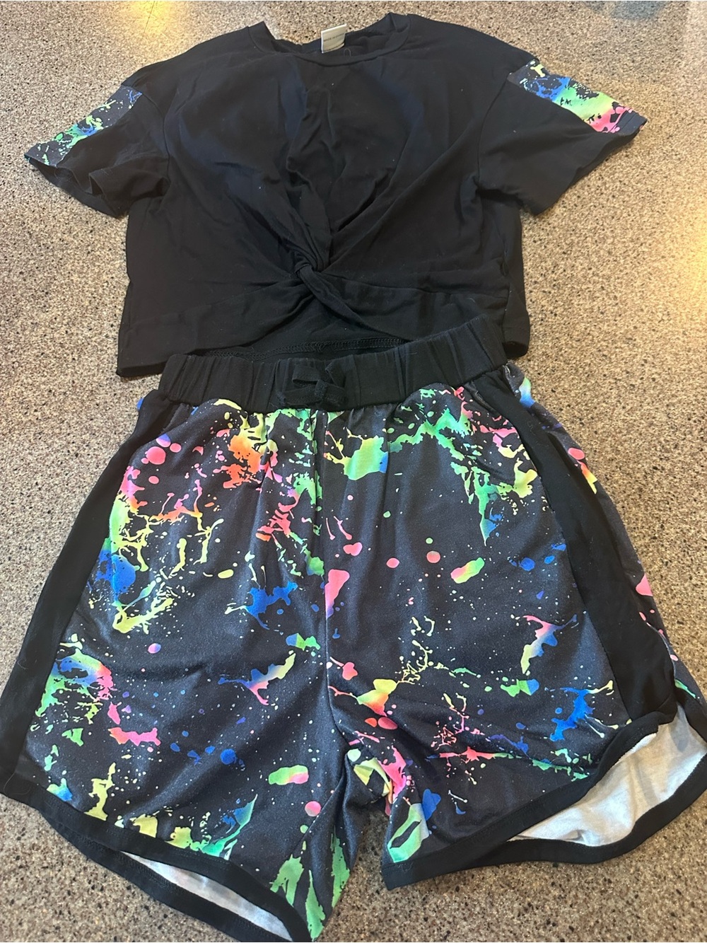 Kids Black Tie-Front Top & Neon Paint-Splash Shorts Set